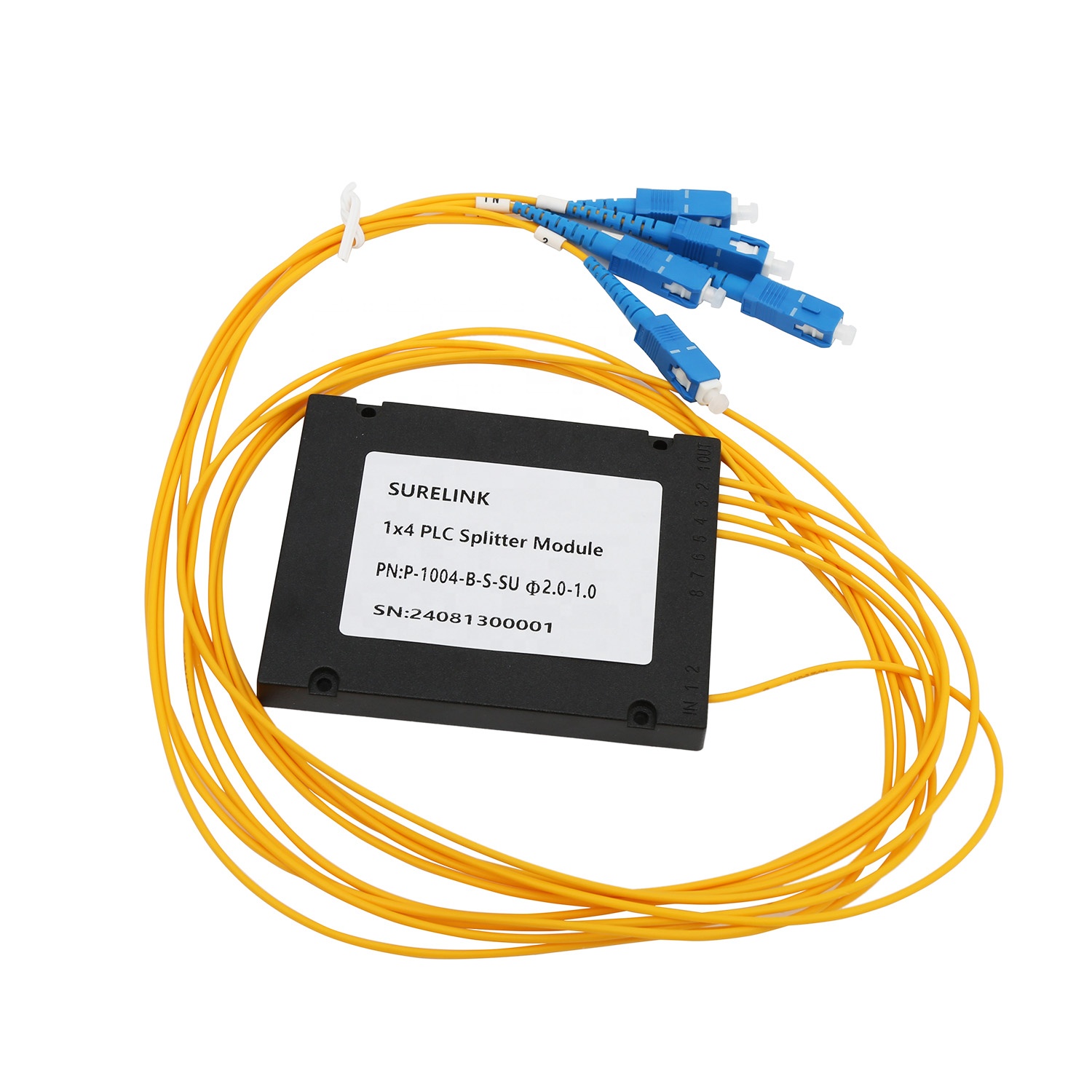 PLC splitter, 1 x 4 module type; 2.0mm PVC fiber jacket, G657A1, with SC/UPC connectors;